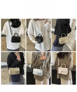 Detailed views of multi-color crossbody square bags in black, gold, silver and beige