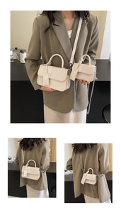 Detailed comparison of milk white patchwork handbags in two sizes with chain straps