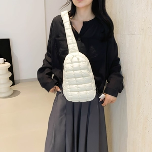 Cream quilted nylon crossbody bag with diamond pattern and large capacity for daily use