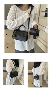 Detail of woven texture patchwork handbag set with chain strap and leather handle