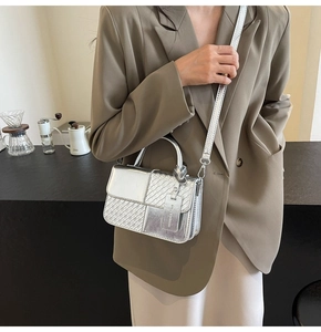 Detail of silver woven texture handbag featuring metallic finish and fashion brand tag