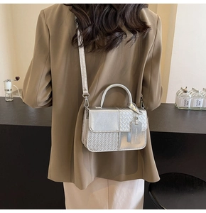 Detail of silver woven texture and metallic finish on this stylish square crossbody bag