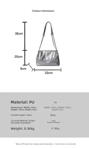 Detailed dimension guide for silver quilted chain bag showing size 33x20x9cm and strap drop