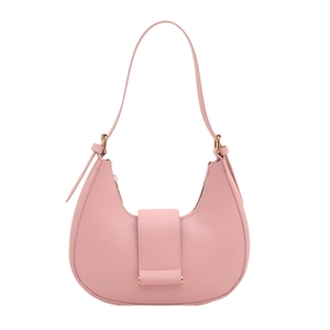 Minimalist pink half-moon shoulder bag in matte faux leather with golden hardware