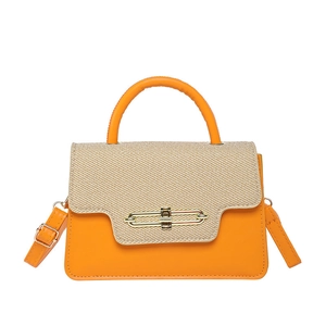 Fashionable orange and beige patchwork small square crossbody bag with gold chain buckle