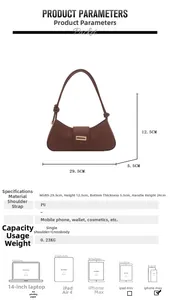 Detailed size specifications for the brown PU shoulder bag showing dimensions and capacity