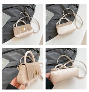 Detailed views of creamy white crossbody bag showing gold buckle and stitching from four angles