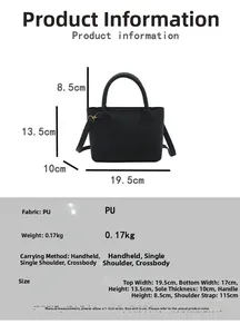 Detailed size chart for black lychee pattern PU leather handbag with gold hardware
