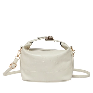 Sac seau en cuir beige avec coutures géométriques et bandoulière réglable pour femmes