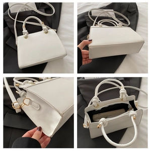 Multi-angle views of a white structured PU leather handbag with gold metal hardware
