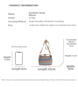 Confronto dimensioni borsa a secchiello intrecciata con iPhone e misure dettagliate