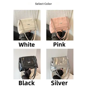 Detailed grid view of quilted leather chain bags in white, pink, black, and silver colors
