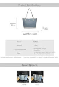 Detailed size specifications of the blue denim tote bag with 38cm width and 26cm handle height