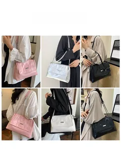 Multiple views showing quilted chain strap shoulder bags in pink, silver, black, and white