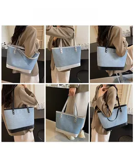 Collage of model carrying the large capacity denim tote bag with contrast base and top handles