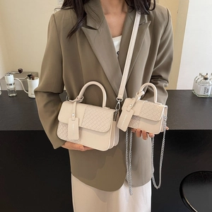 Silver woven texture shoulder bag for women with chain strap in cream white