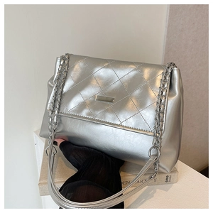 Detailed view of silver quilted chain bag with metallic finish and metal plate