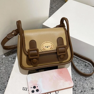 Vintage brown contrast mini crossbody bag with cute puppy embroidery and adjustable strap