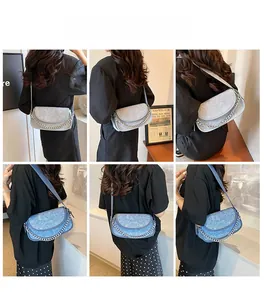 Six different views of a denim shoulder bag with a silver chain and wide strap