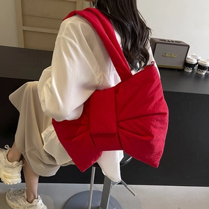 Fashionable oversized red bow nylon shoulder bag for women with wide strap