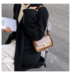 Brown glossy leather saddle bag with gold metal twist lock shown in a lifestyle street setting