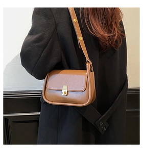 Detailed view of the dark brown leather cross-body bag with golden twist lock