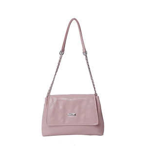 Pink quilted rhombus shoulder bag with elegant metal chain strap and rectangle logo