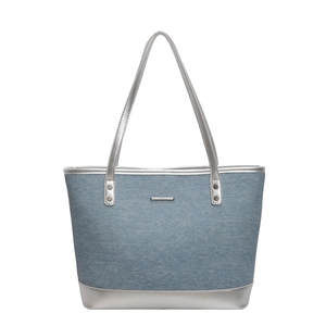 Large capacity blue denim tote bag with silver metallic trim and handles for women