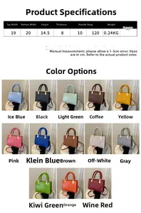 Size chart for crocodile pattern crossbody bag showing dimensions and thirteen color options