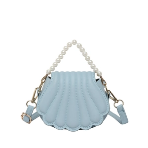 Light blue shell-shaped crossbody bag with elegant pearl bead handle and gold hardware