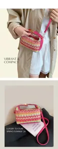 Detail of colorful knitted wave pattern and rose pink leather strap on bohemian crossbody bag