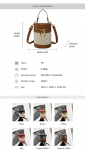 Size chart and color display for mini cylinder canvas and PU leather crossbody bags