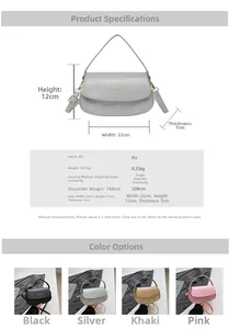 Detailed size and color chart for semicircular PU leather crossbody bag with dimensions