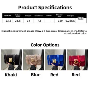 Detailed size chart and dimensions for the velvet crossbody bag with chain strap
