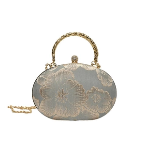 Elegant Chinese style embroidered satin evening bag with floral patterns and chain