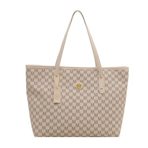 Beige tote bag with M-letter monogram print and metallic logo charm for women
