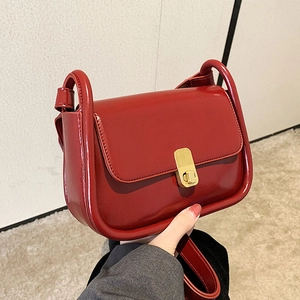 Retro Glossy PU Leather Crossbody Bag Women Small Square Flap Shoulder Bag With Gold Metal Lock Versatile Daily Accessory