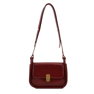 Vintage wine red leather square crossbody bag for women with elegant golden metal buckle