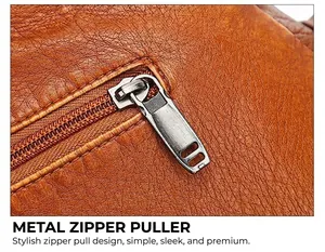 Close-up of silver-gray metal hardware zipper on brown lychee pattern leather tote bag