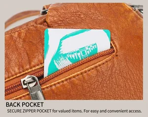 Close-up of the anti-theft back zipper pocket on the washed leather tote bag