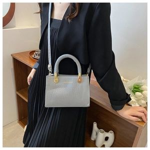 Detailed close-up of grey crocodile pattern square bag with a woven handle and gold hardware