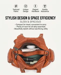 Top view of spacious interior of brown washed leather tote bag showing large capacity storage