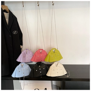 Collection of creative jacket-shaped shoulder bags in six vibrant colors with chain straps