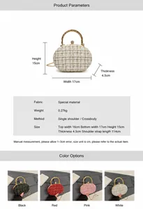 Size specifications and multi-color view of elegant tweed evening clutch with metal handle