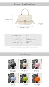 Size guide for PU leather flap bag showing dimensions 21x13x6cm and six color options