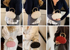 Detailed views of four plaid handbags showing various colors and crossbody styling on models