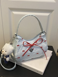 Sweet Women PU Leather Shoulder Bag Cute Bow Tie Heart Pattern Handbag Fashion Casual Crossbody Bag With Plush Bear Pendant