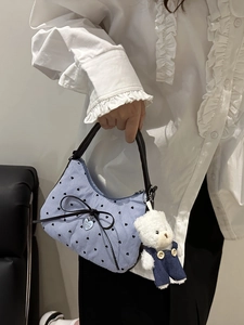 Cute heart pattern handbag with blue stripes, black bow and plush bear charm