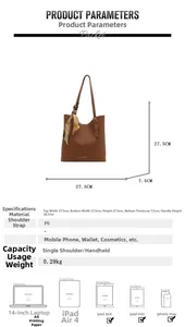 Detailed size chart for the PU tote bag showing dimensions and iPad storage capacity