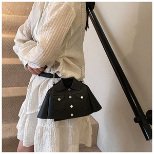 Unique jacket-shaped black shoulder bag with silver buttons and metallic chain strap